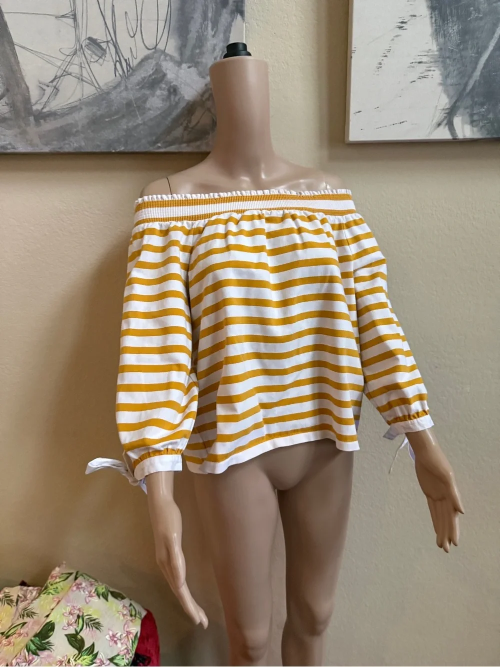 J. Crew Yellow and White Striped Off-Shoulder Top size large
